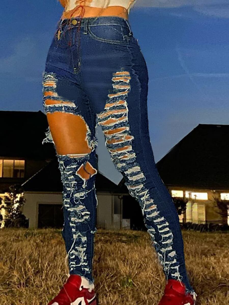 

Lovely Casual High-waisted Ripped Blue Jeans