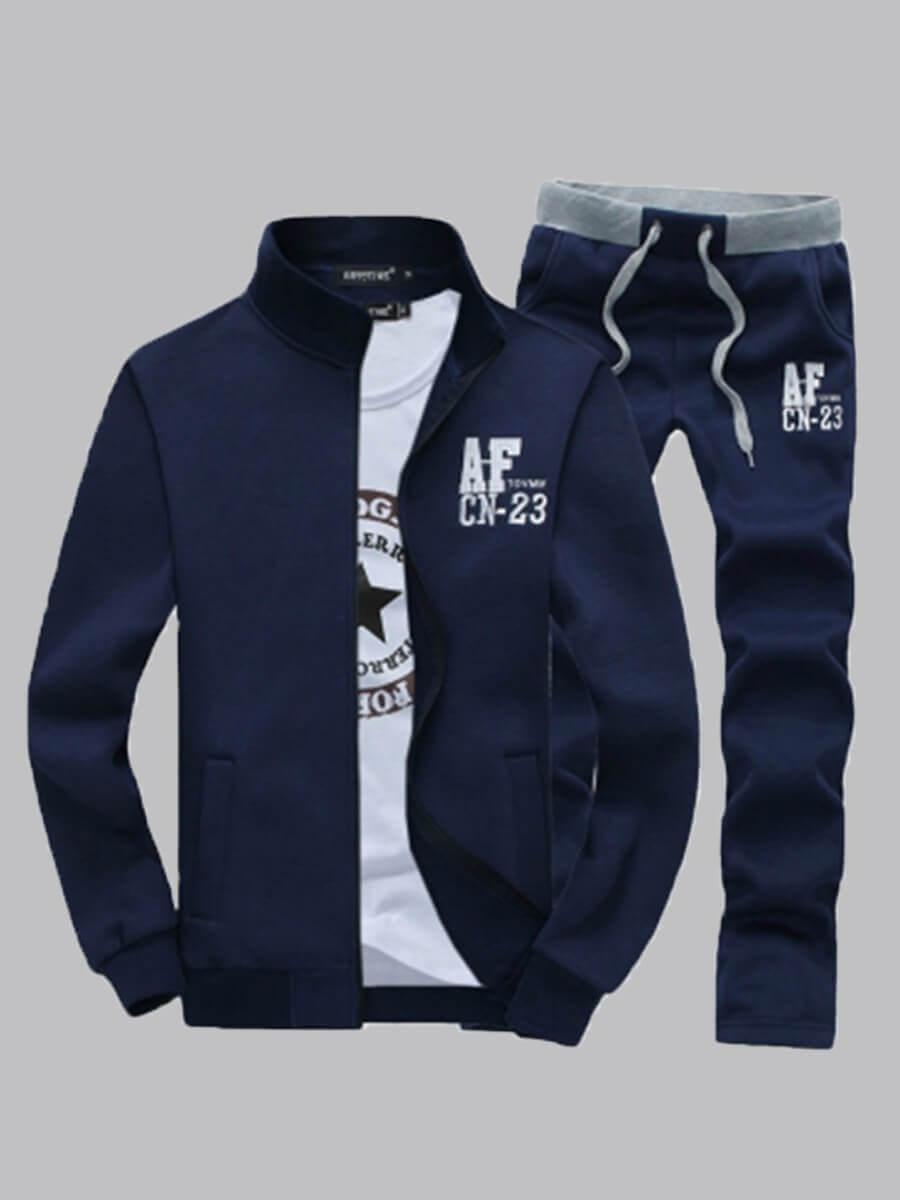 

Lovely Sportswear Letter Print Drawstring Navy Blue Men Two Piece Pants Set