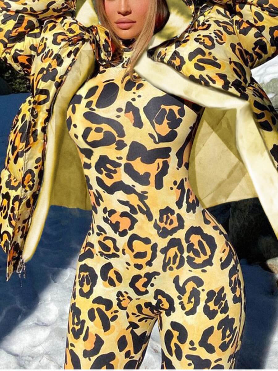 

Lovely Trendy Hooded Collar Leopard Print Yellow Parka