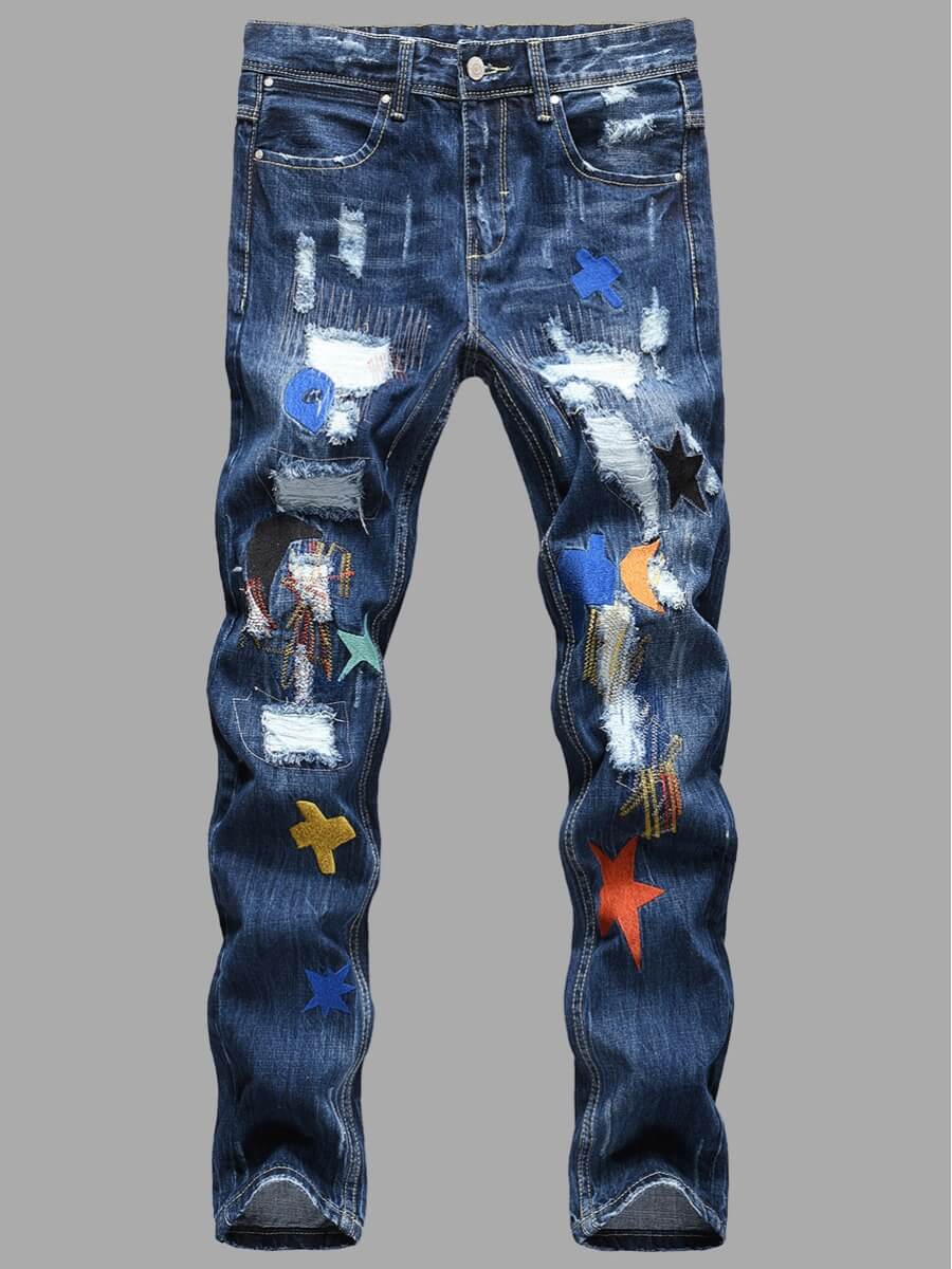 

Lovely Street Star Decoration Patchwork Deep Blue Men Jeans