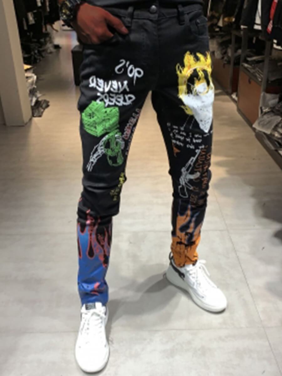 

Lovely Men Street Graffiti Letter Print Black Jeans