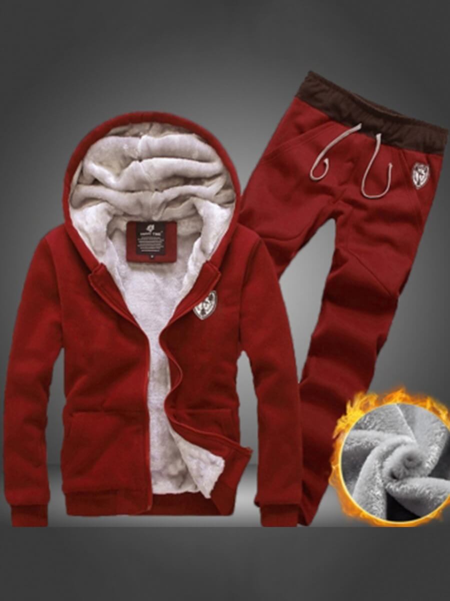 

Lovely Men Trendy Hooded Collar Drawstring Red Two Piece Pants Set