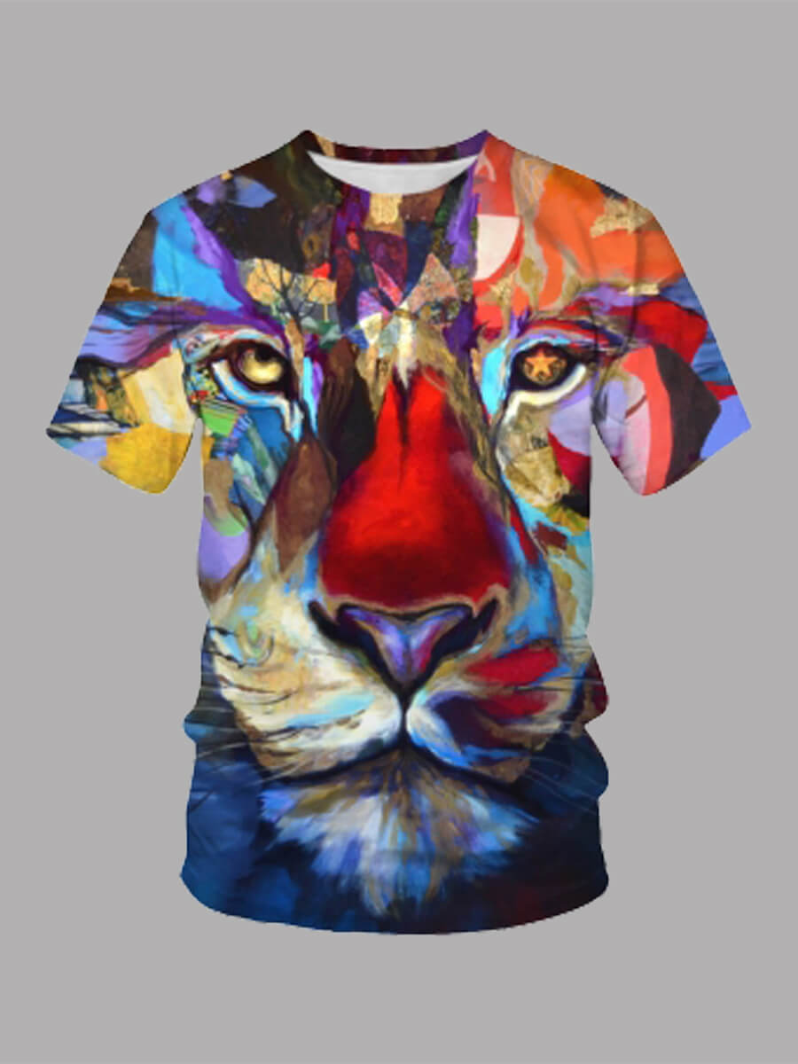 LW Men Casual Tiger Print Patchwork Multicolor T-shirt