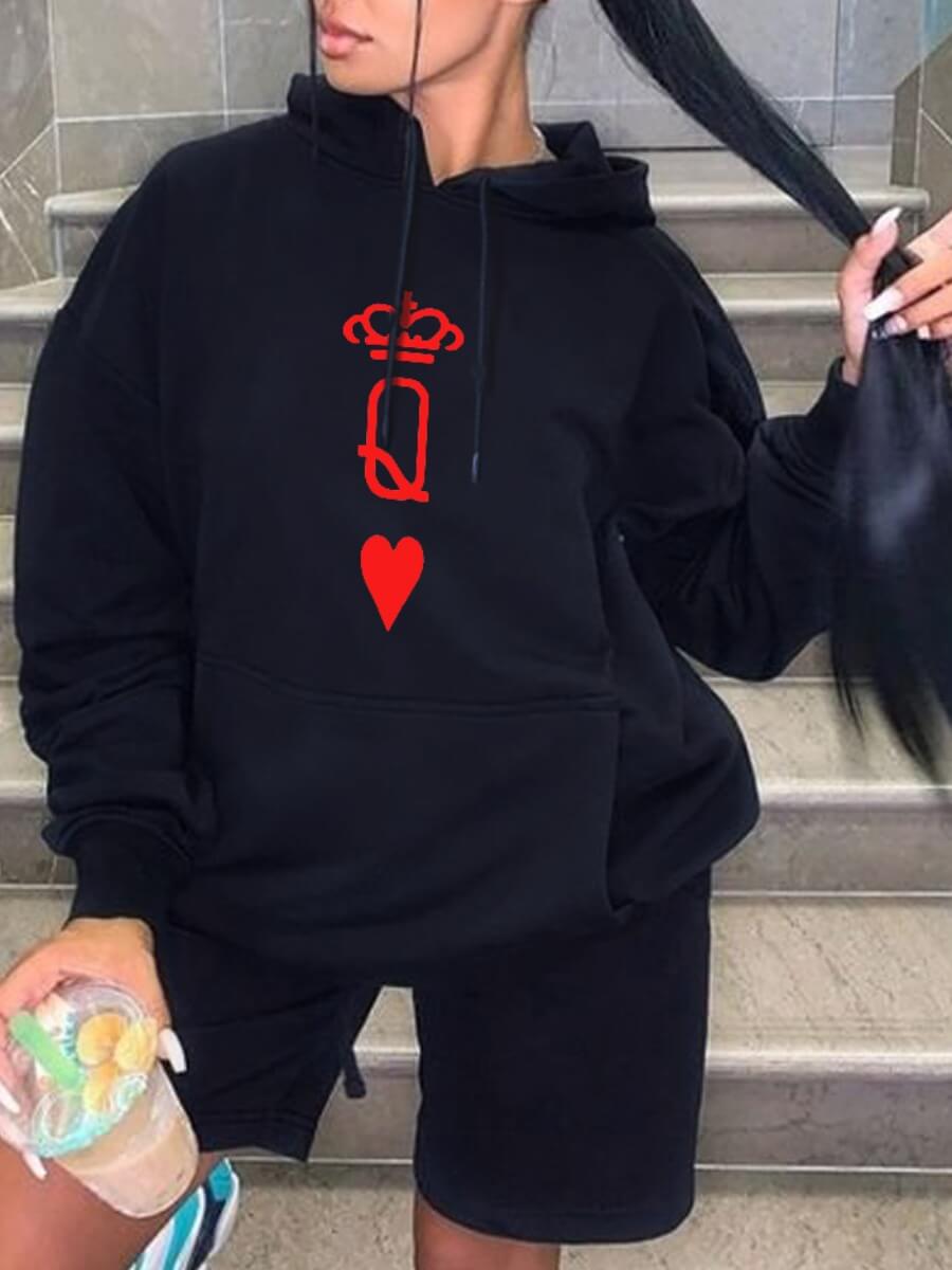 

Lovely Casual Hooded Collar Heart-shaped Print Black Hoodie