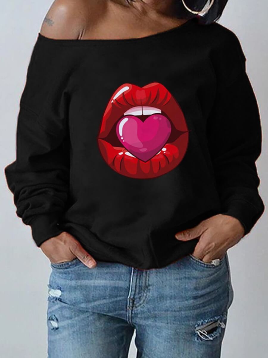 

Lovely Sweet Boat Neck Lip Heart-shaped Print Black Hoodie