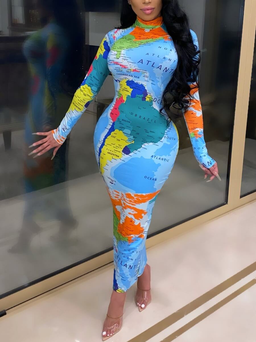 

Lovely Street Turtleneck World Map Print Blue Mid Calf Dress