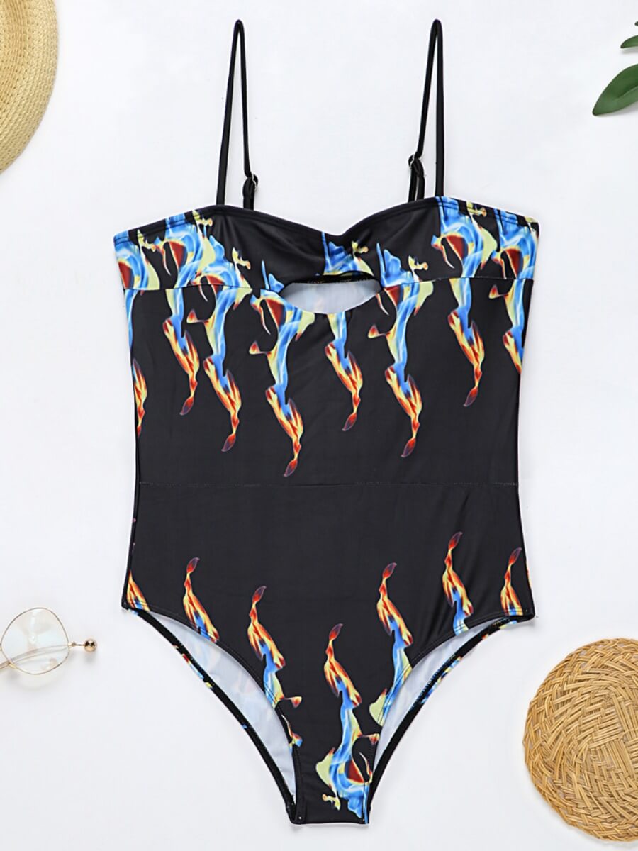 LW Chic Fire Print Hollow-out Black One-piece Swimsuit(Without Waist Chain)