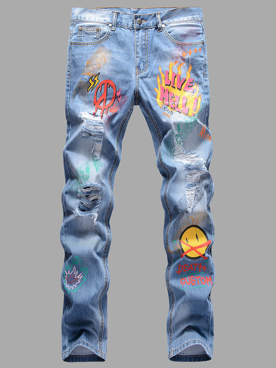 

Lovely Street Mid Waist Print Baby Blue Men Jeans