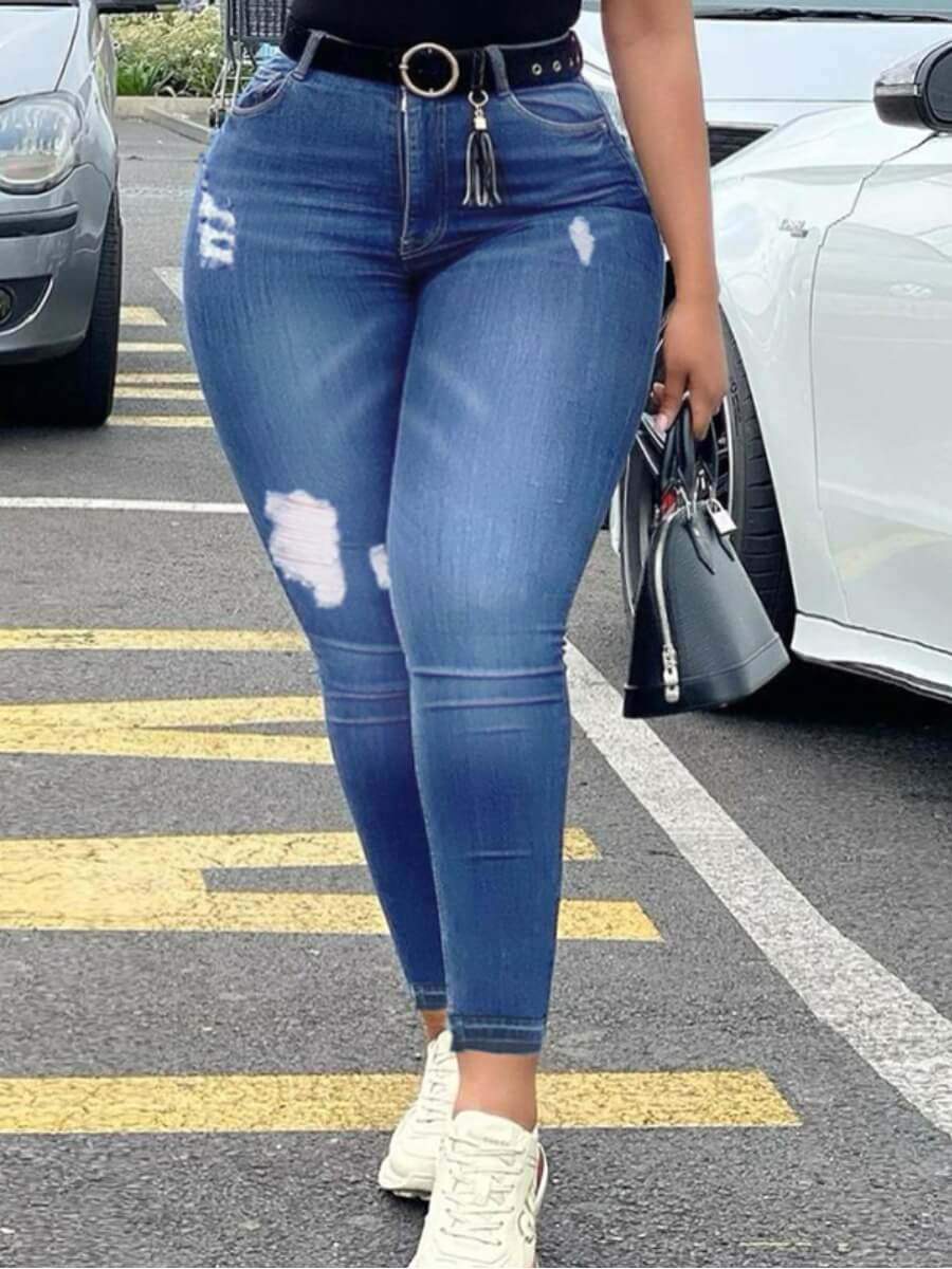

Lovely Plus Size Street High-waisted Ripped Deep Blue Jeans
