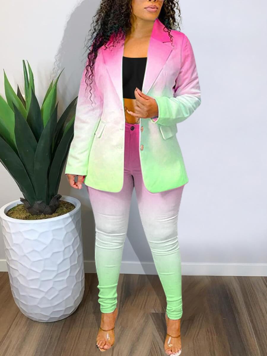 

Lovely Work Turndown Collar Gradient Green Two Piece Pants Set