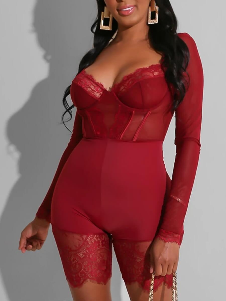 

LW Sexy Lace Patchwork Skinny Red One-piece Romper