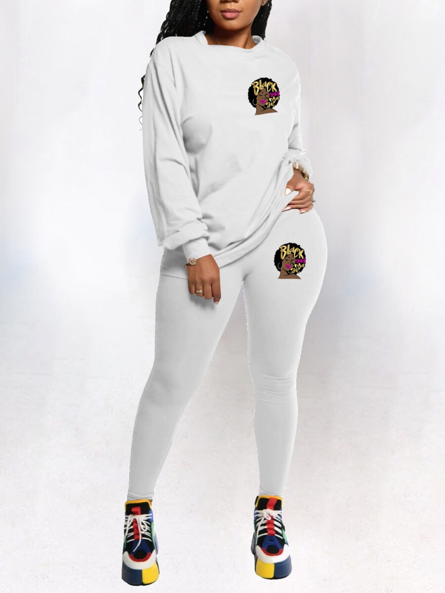 

Lovely Casual O Neck Letter Print Grey Two Piece Pants Set