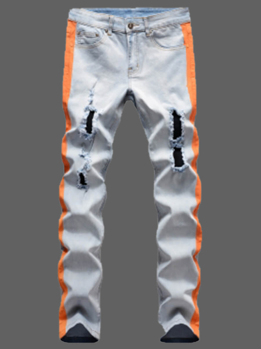 

Lovely Casual Mid Waist Broken Holes Patchwork Orange Men Jeans