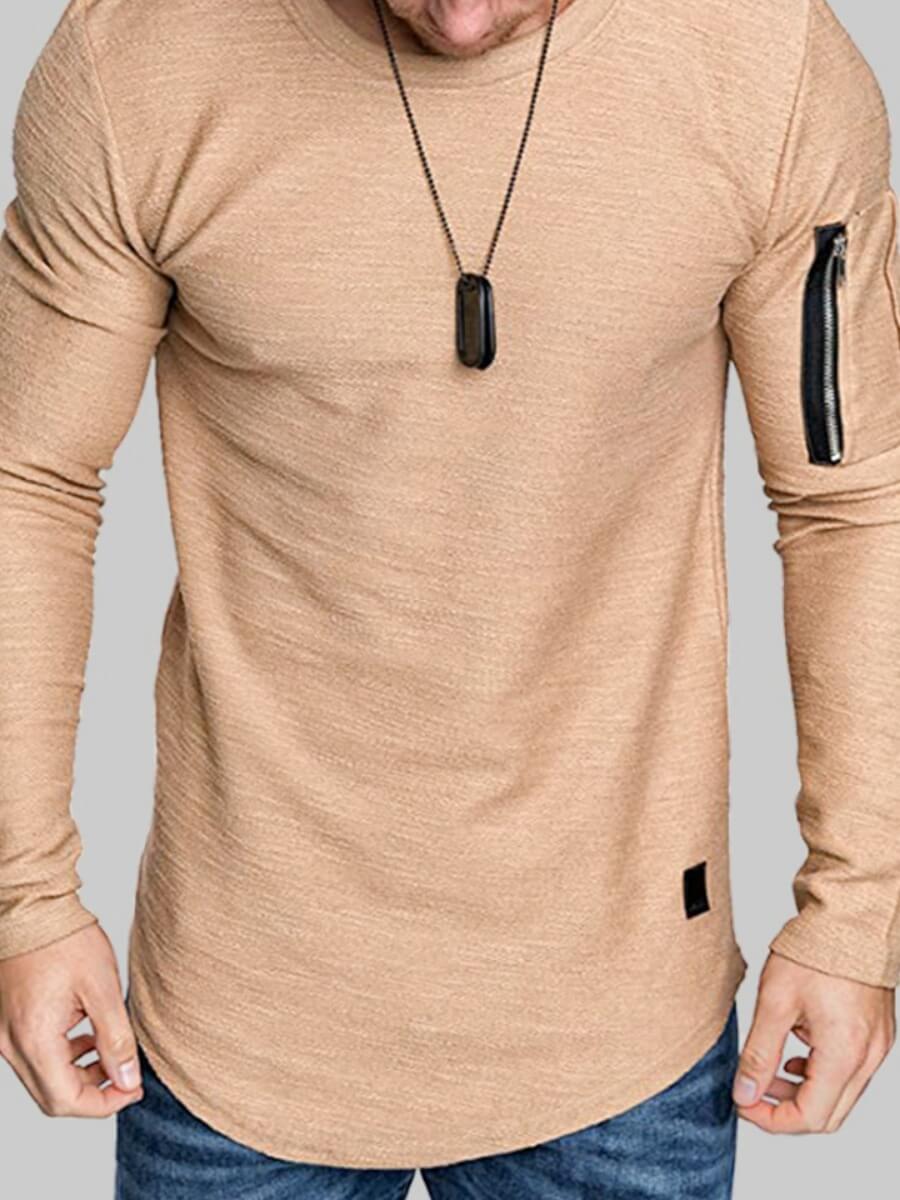 

LW Men Trendy O Neck Zipper Pocket Asymmetrical Khaki T-shirt