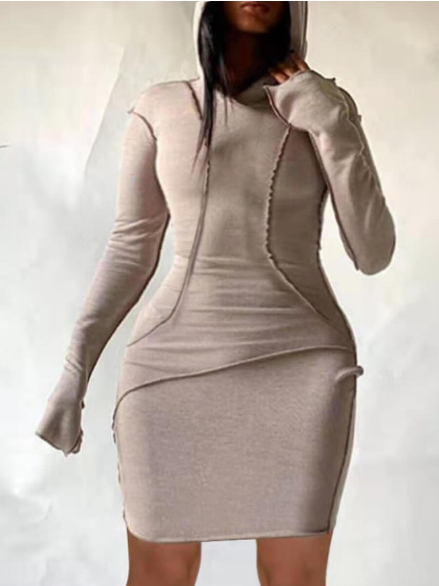 

Lovely Casual Hooded Collar Patchwork Beige Knee Length Dress
