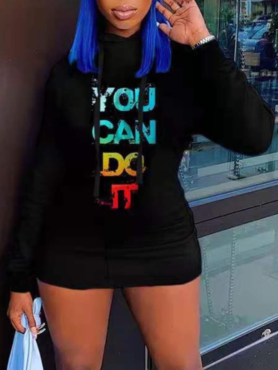 

Lovely Casual Hooded Collar Letter Print Black Mini Dress