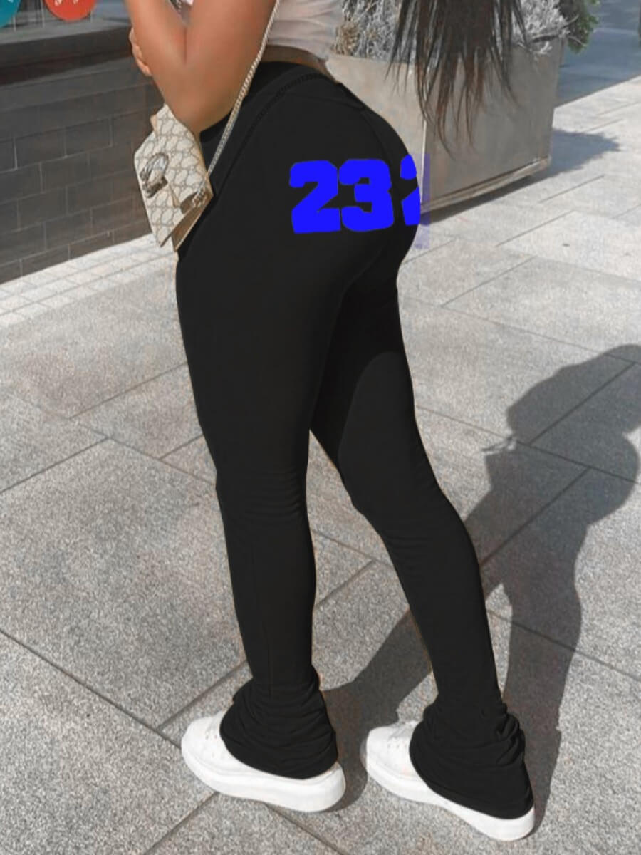 

Lovely Leisure Letter Print Fold Design Black Pants