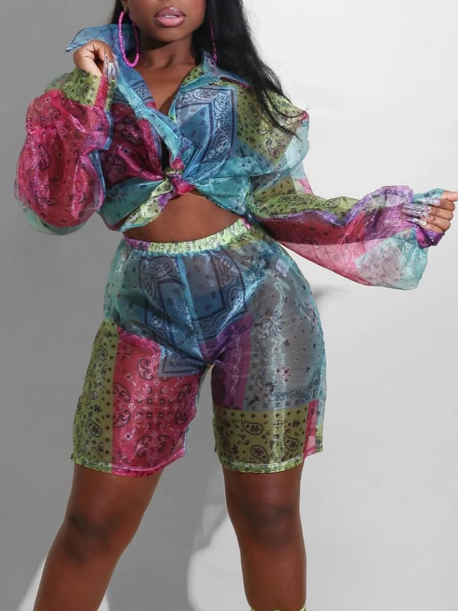 

Lovely Sexy Turndown Collar Gradient See-through Multicolor Two Piece Shorts Set, Multi