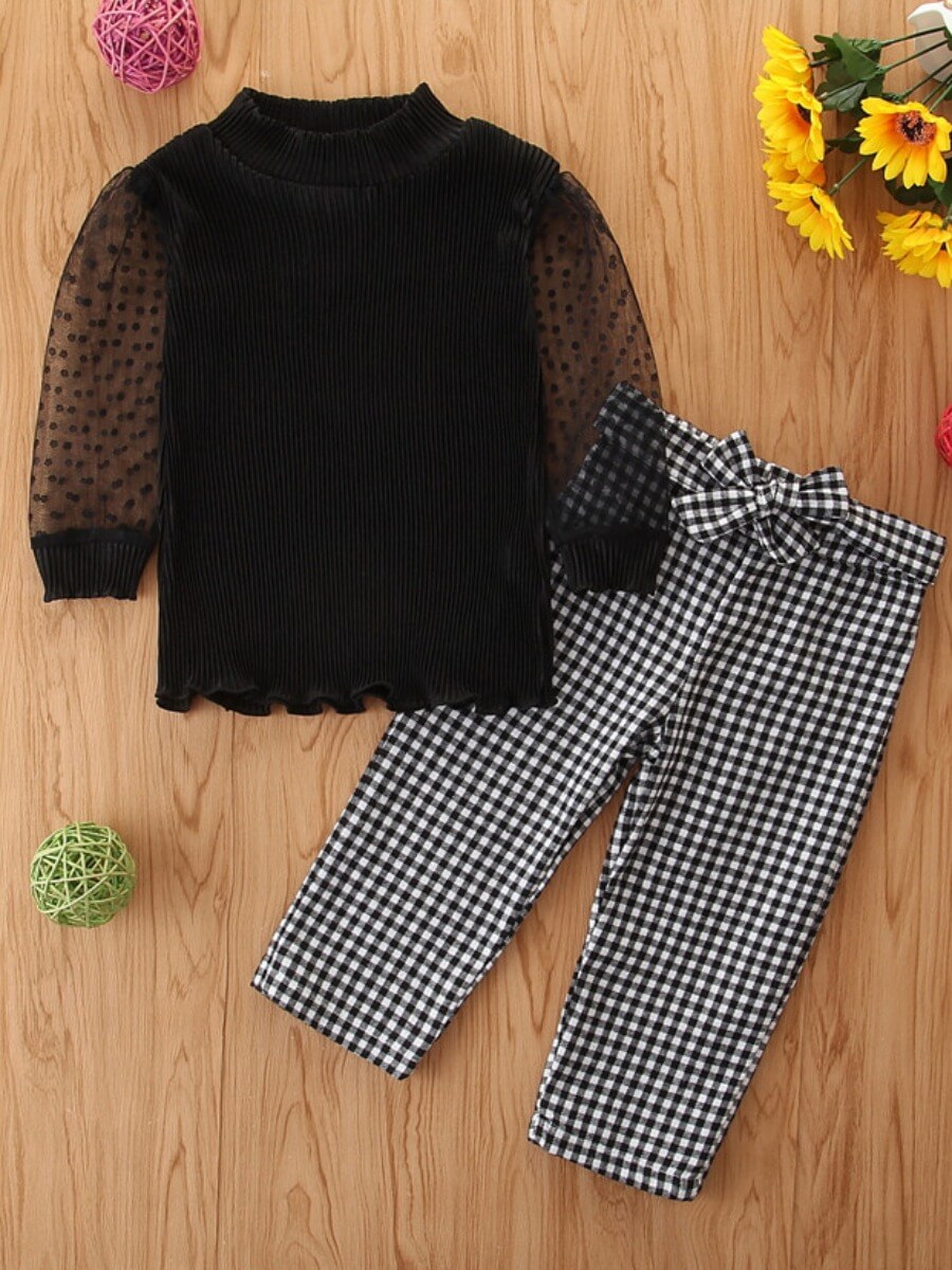 

Lovely Casual O Neck See-through Patchwork Plaid Black Girl Two Piece Pants Set