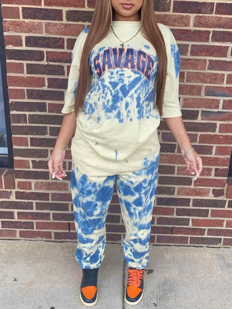 

Lovely Casual O Neck Letter Print Tie Dye Blue Two Piece Pants Set