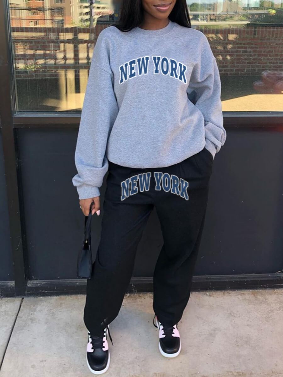 

Lovely Casual O Neck Letter Print Grey Two Piece Pants Set