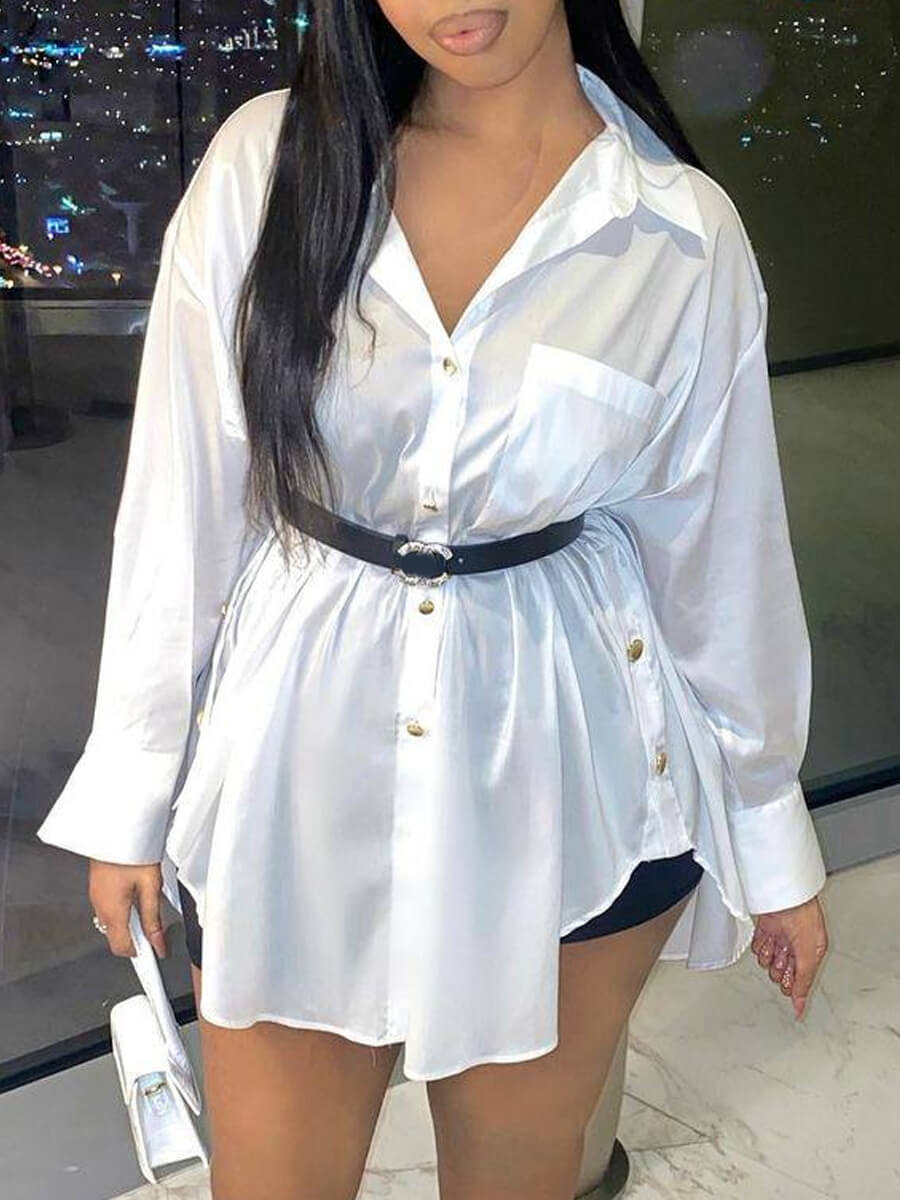 

Lovely Casual turndown collar Button Decorative white shirt(Without Belt)