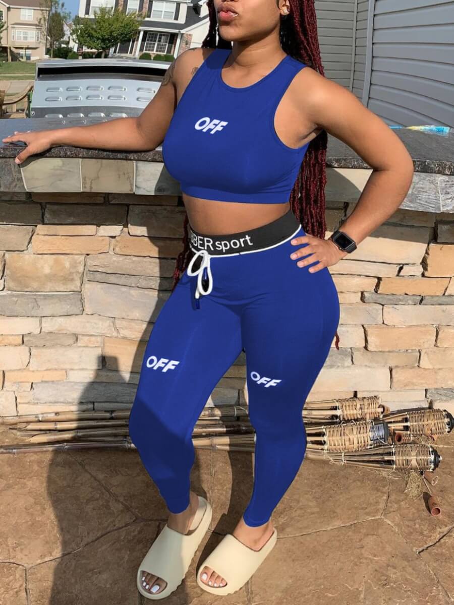

LW Sportswear Letter Print Drawstring Blue Yoga Two Piece Pants Set