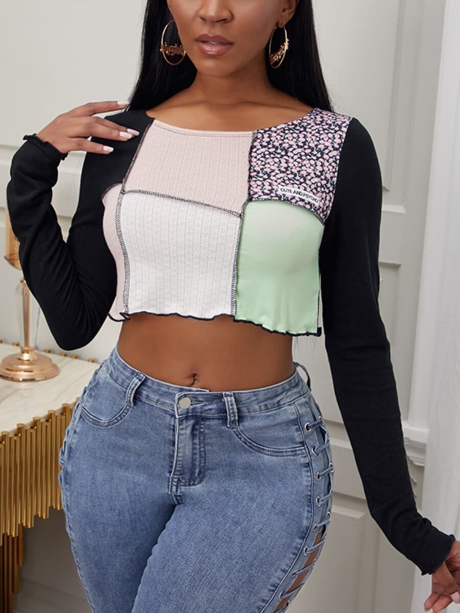 

Lovely Chic Color-lump Patchwork Crop Top Black T-shirt