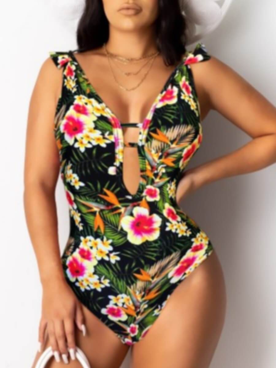 

Lovely Sweet Backless Floral Print Hollow-out Green One-piece Swimsuit