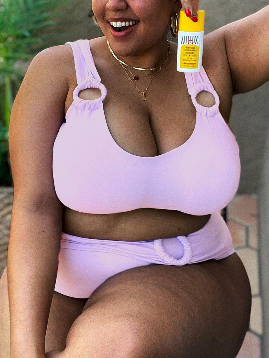 

Lovely Casual U Neck Metal Ring Decoration Light Purple Plus Size Two-piece Swimsuit
