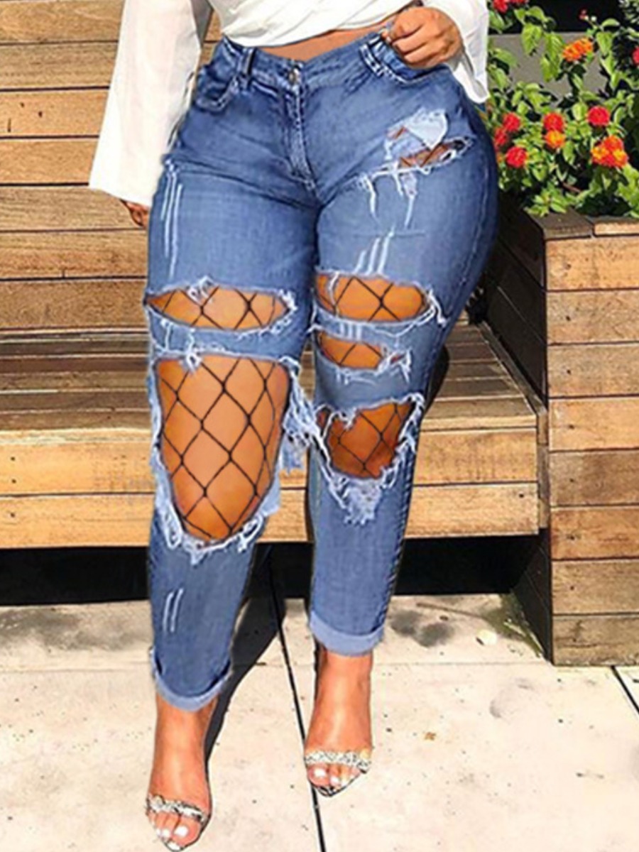 

Lovely Casual Mid Waist Ripped Baby Blue Plus Size Jeans(With Stocking