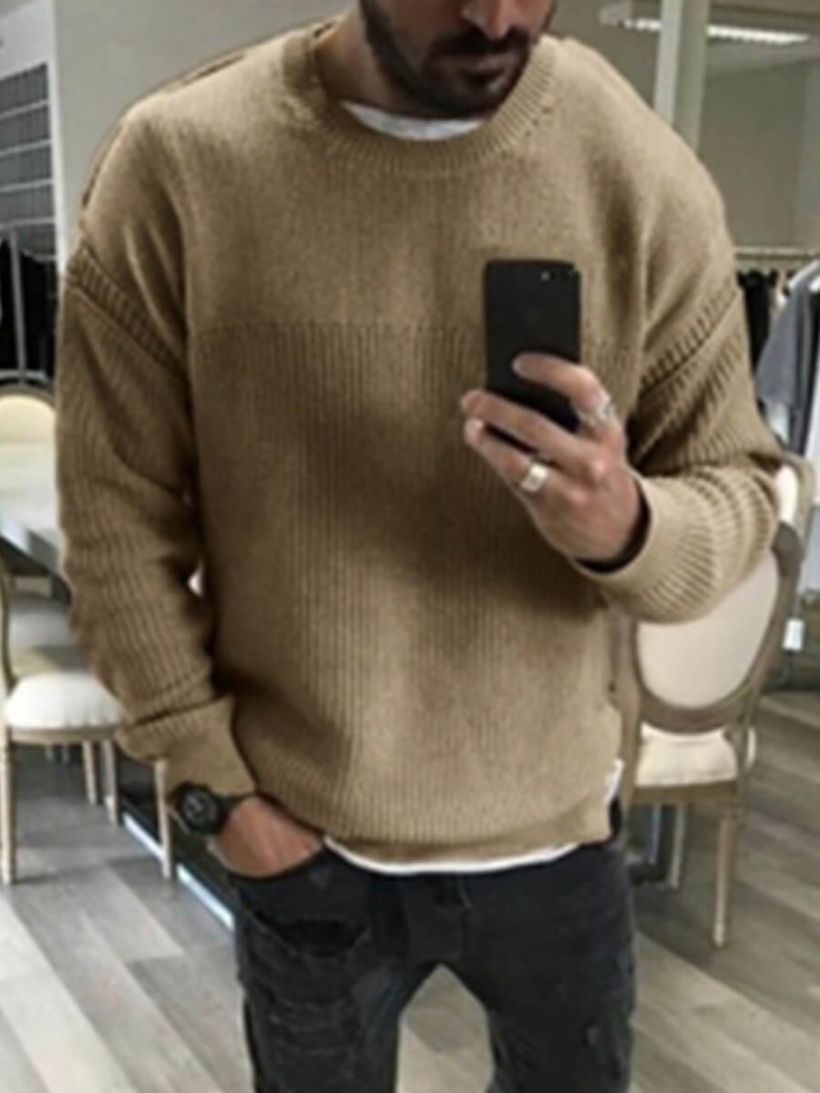 

Lovely Casual O Neck Dropped Shoulder Khaki Men Sweater