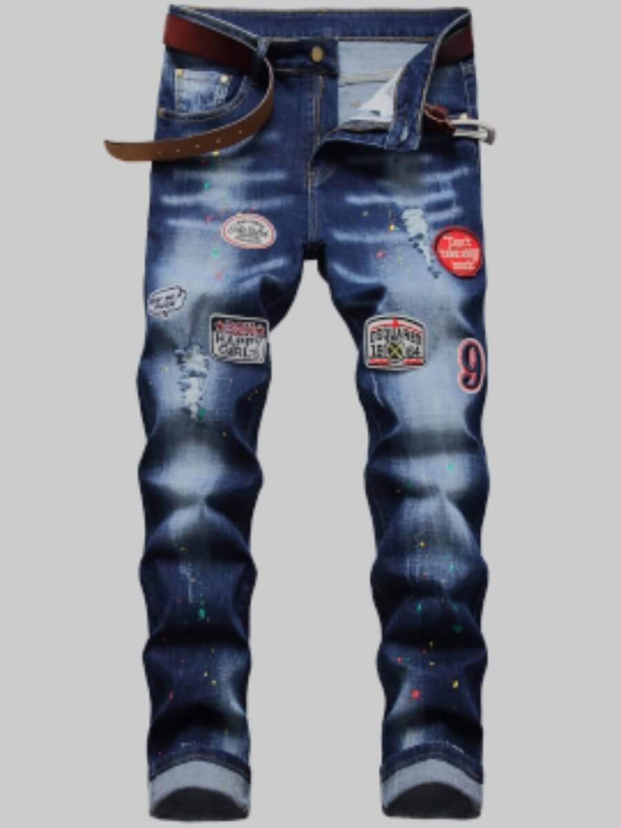 

Lovely Trendy Letter Decoration Broken Holes Blue Men Jeans