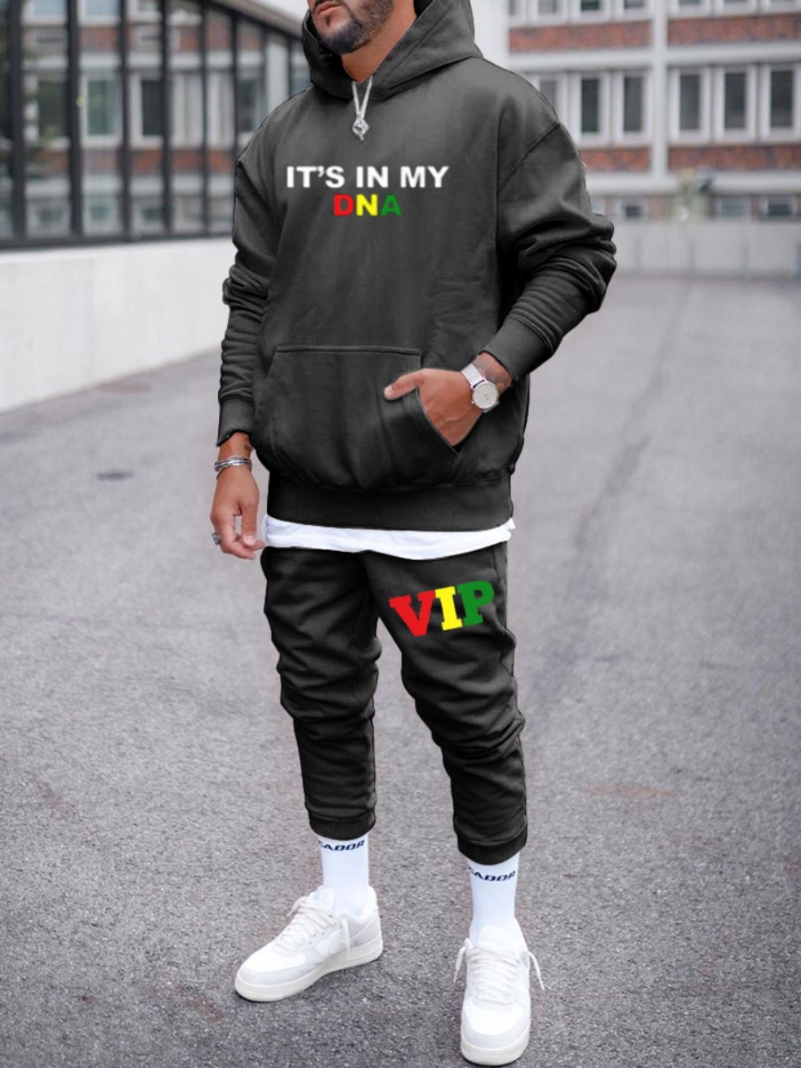 

Lovely Casual Hooded Collar Letter Print Black Men Two Piece Pants Set