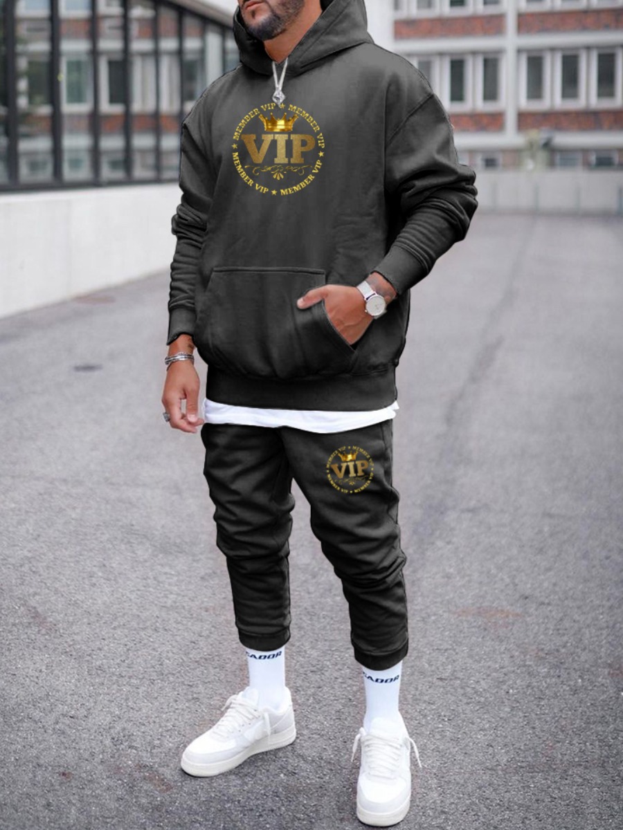 

Lovely Casual Hooded Collar Letter Print Black Men Two Piece Pants Set