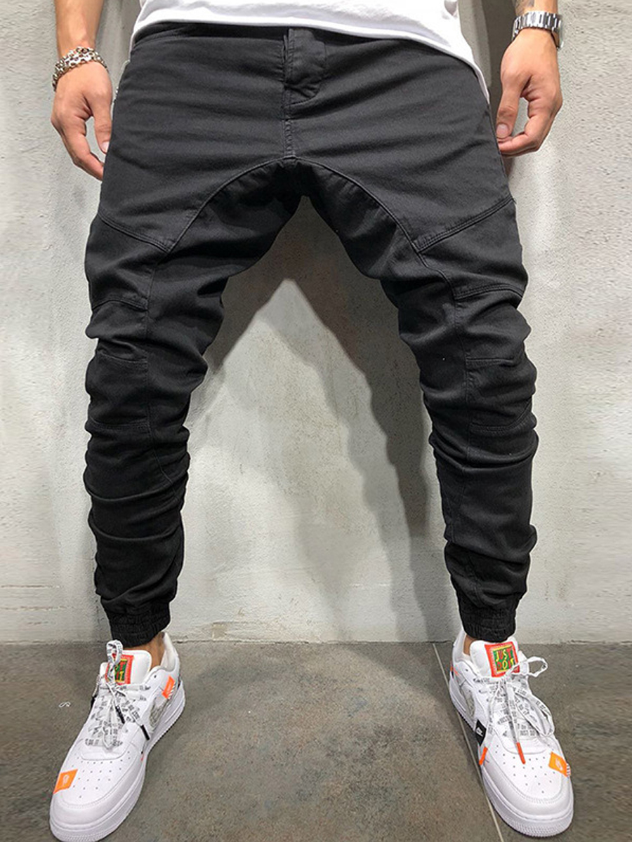 Lovely Casual Mid Waist Fold Design Black Men Pants