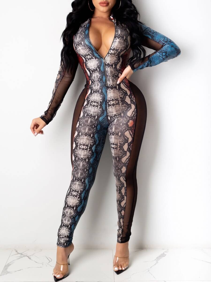 

Lovely Party Cobra Print Mesh Patchwork One-piece Jumpsuit