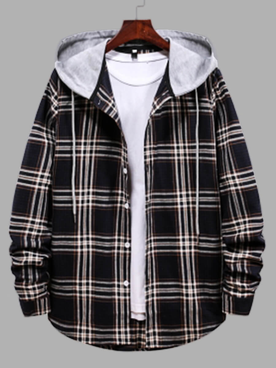 

Lovely Men Casual Hooded Collar Plaid Print Patchwork Black Shirt