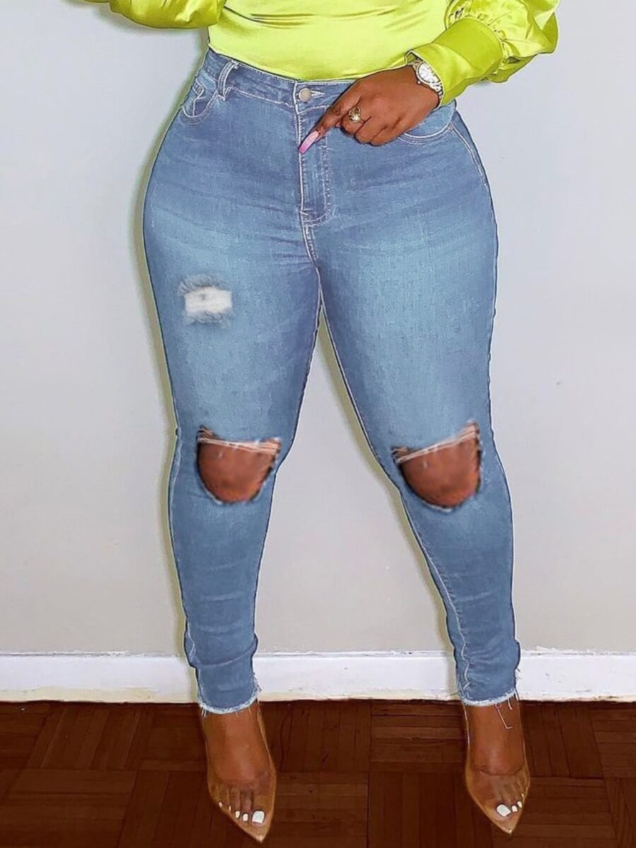 

Lovely Casual High-waisted Broken Holes Blue Jeans