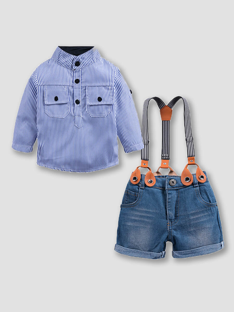 

Lovely Casual Striped Pocket Design Suspender Blue Boy Two Piece Shorts Set, Blue stripe