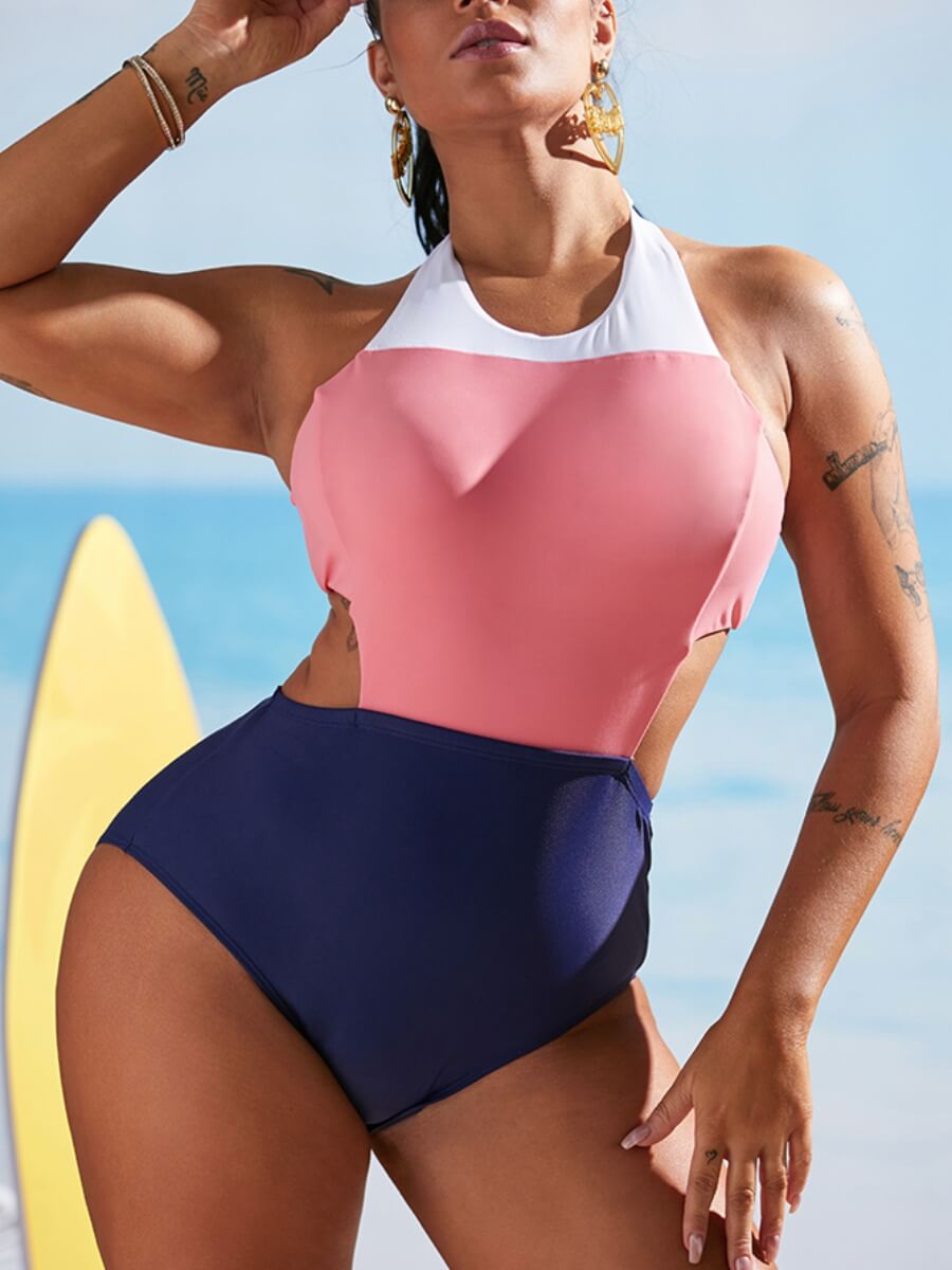 

Lovely Sexy Backless Bandage Design Patchwork Pink One-piece Swimsuit