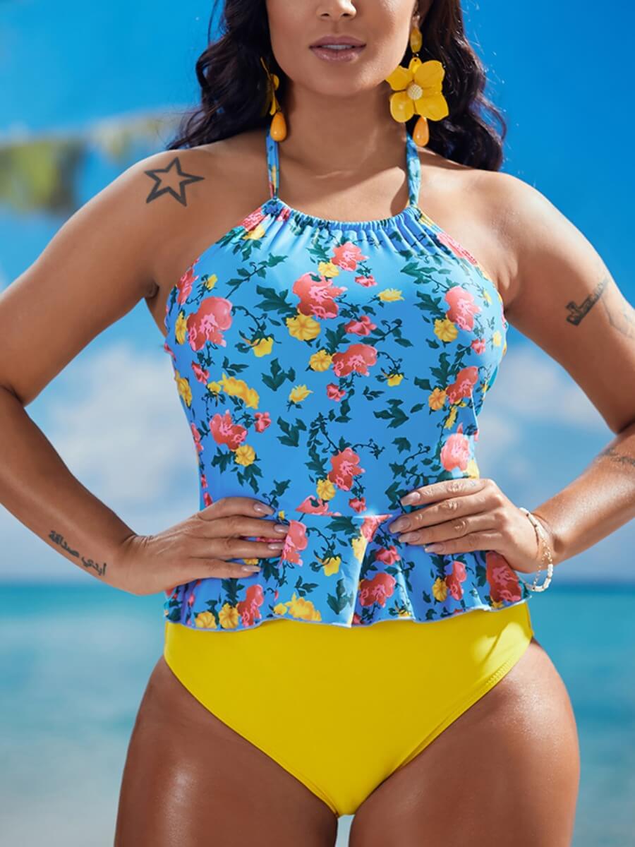 

Lovely Sweet Backless Floral Print Flounce Design Blue Tankini