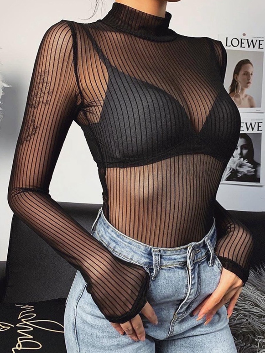 

LW Sexy Striped See-through Black Bodysuit