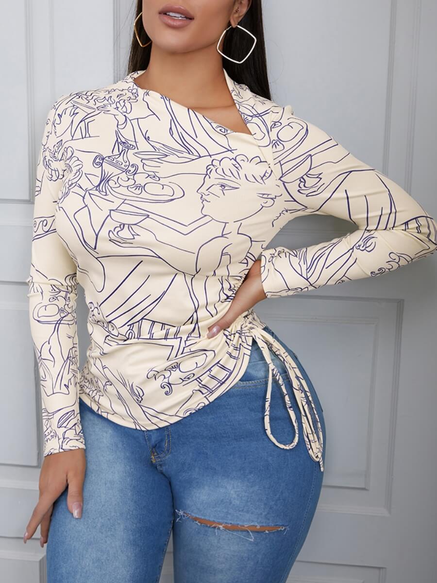 

Lovely Chic Graffiti Print Drawstring Apricot T-shirt