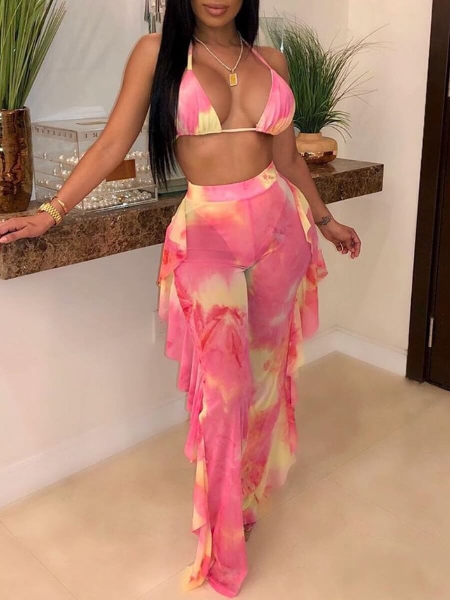 

Lovely Sweet Tie-dye Flounce Design Pink Two-piece Swimsuit
