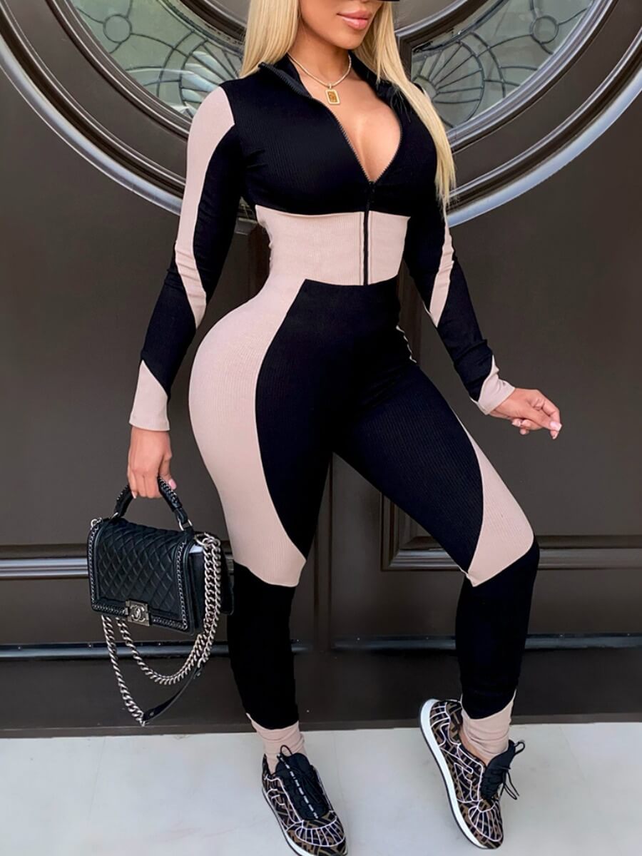 

LW Sportswear Color-lump Patchwork Black One-piece Jumpsuit