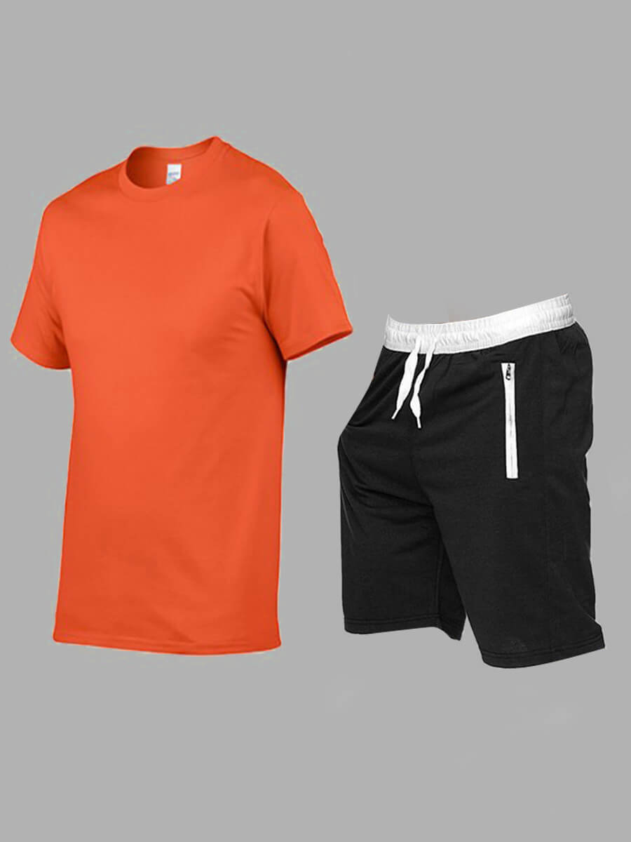 

Lovely Casual O Neck Patchwork Orange Men Two Pieces Shorts Set