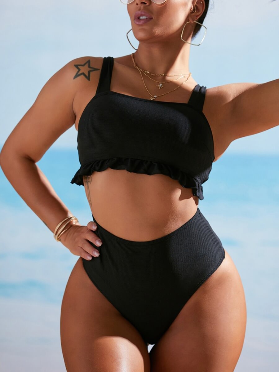 

Lovely Sexy Spaghetti Strap Ruffle Design Black Tankini