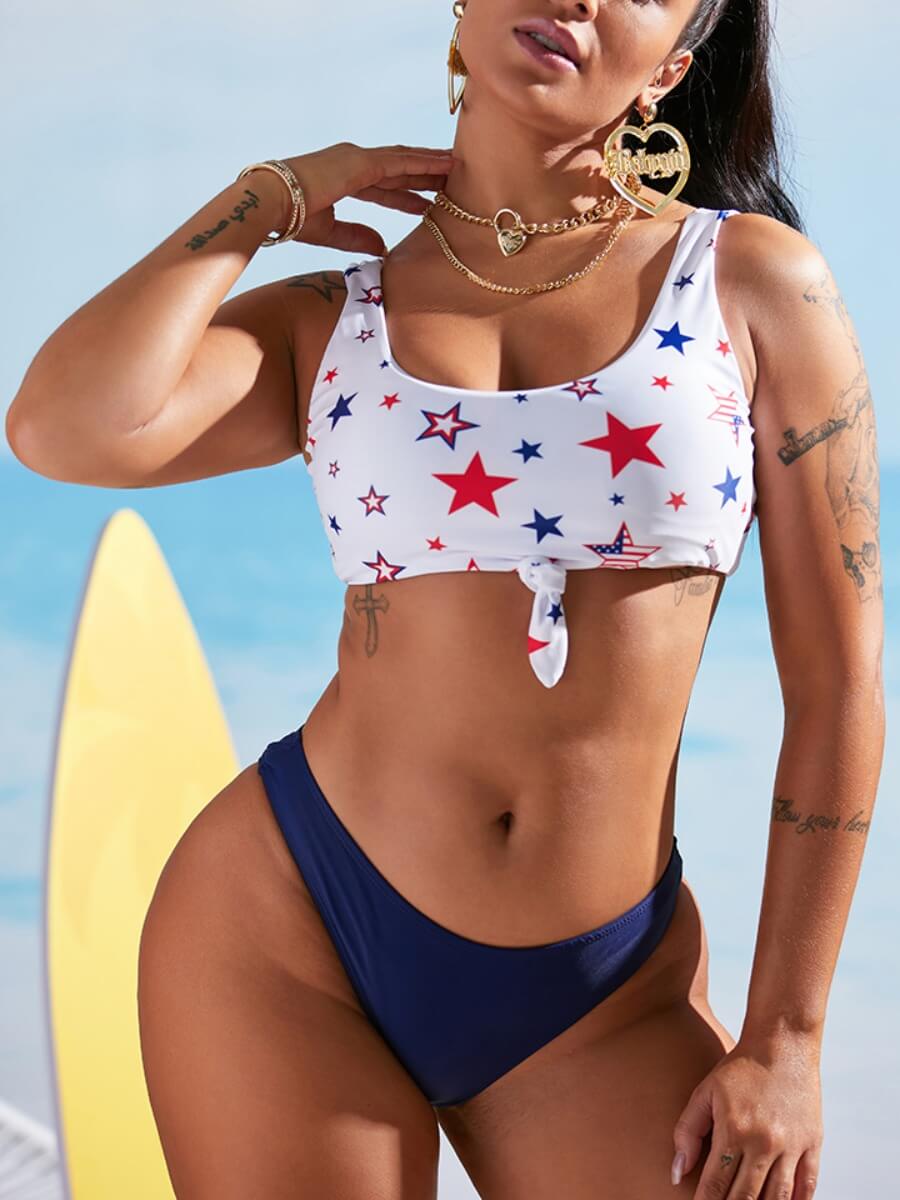 

Lovely Casual U Neck Print Bandage White Tankini