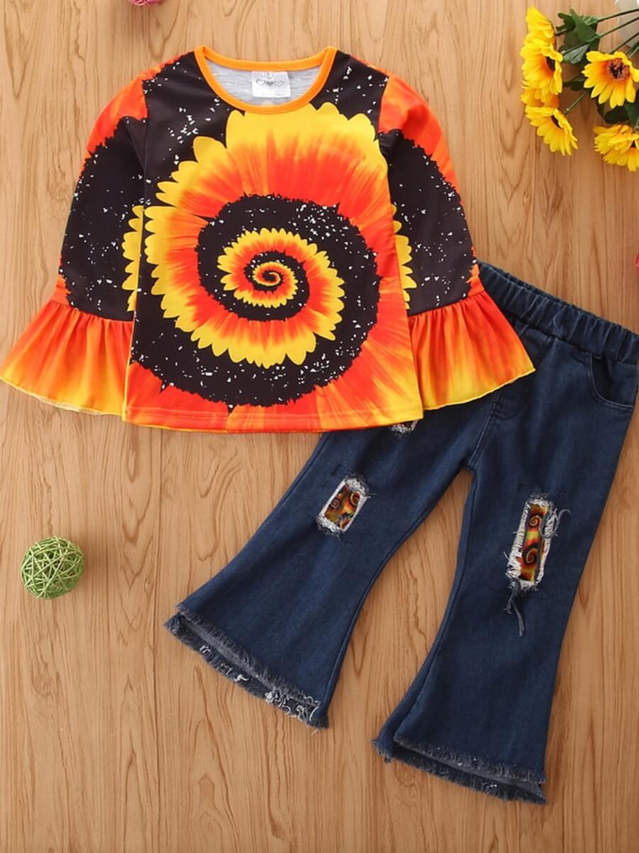 

Lovely Girl Casual Floral Print Orange Two Piece Pants Set